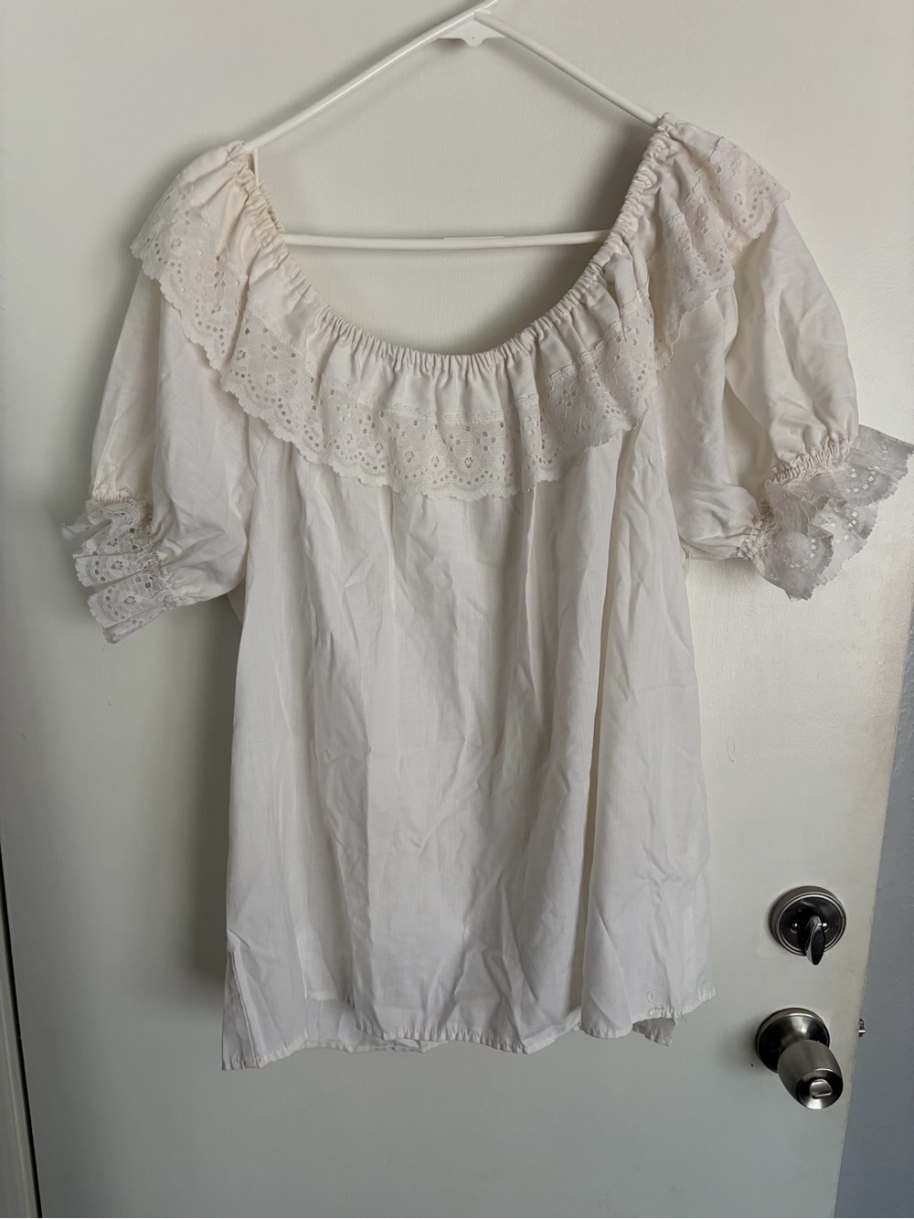 Light Cream Eyelet Off-Shoulder Ruffle Blouse